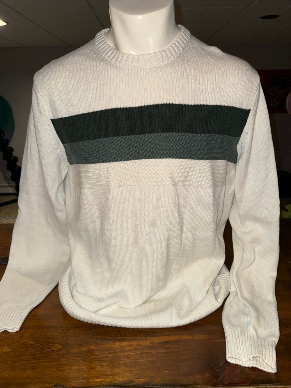 Izod White Crewneck Sweater with Dark Green Stripes